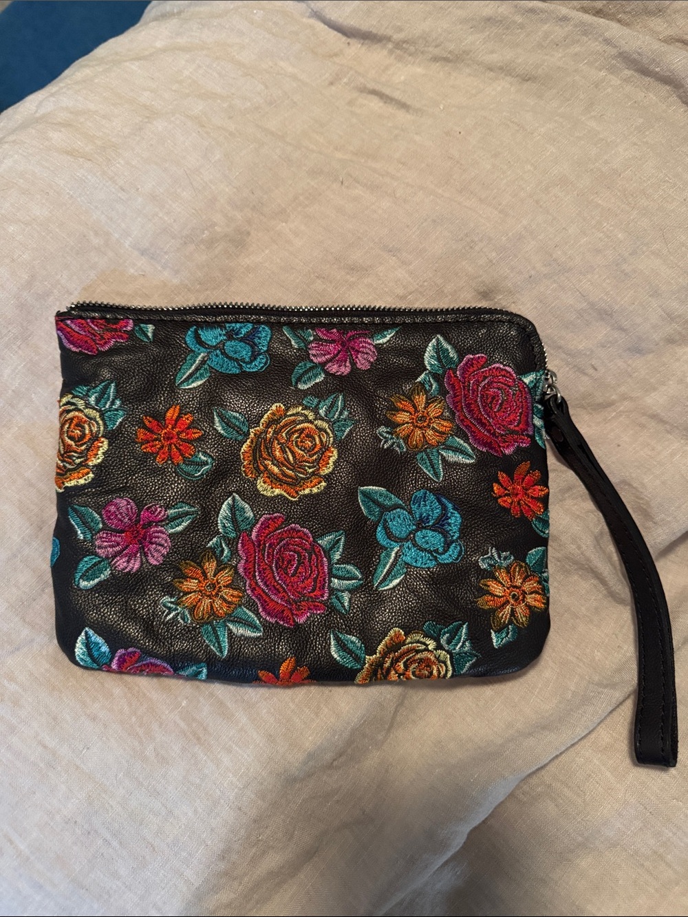 Patricia Nash Floral Embroidered Black Leather Wristlet - Multicolor Flowers